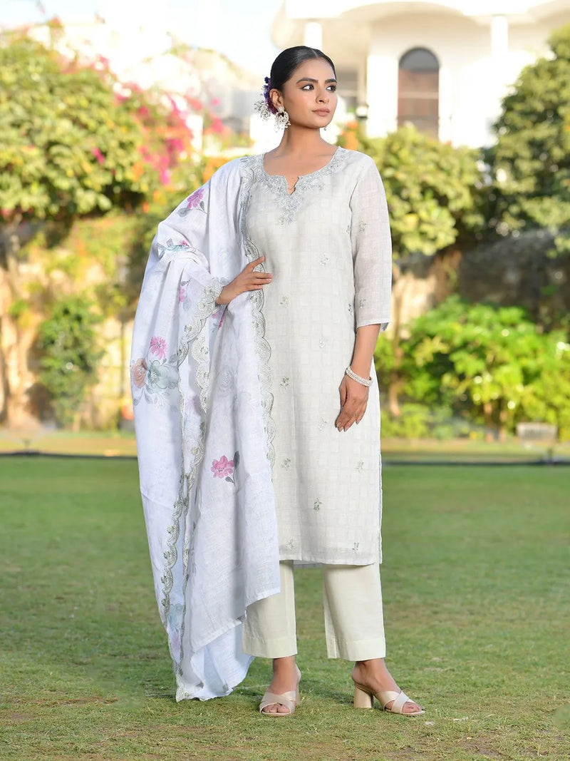 Women Grey Linen Suit  Set With Cutwork Dupatta (Set of 5 Pc)