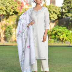 Women Grey Linen Suit  Set With Cutwork Dupatta (Set of 5 Pc)