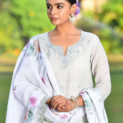 Women Grey Linen Suit  Set With Cutwork Dupatta (Set of 5 Pc)