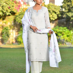 Women Grey Linen Suit  Set With Cutwork Dupatta (Set of 5 Pc)