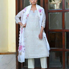 Women Grey Linen Suit  Set With Cutwork Dupatta (Set of 5 Pc)