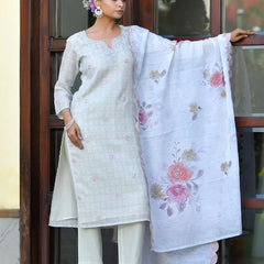 Women Grey Linen Suit  Set With Cutwork Dupatta (Set of 5 Pc)