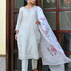 Women Grey Linen Suit  Set With Cutwork Dupatta (Set of 5 Pc)