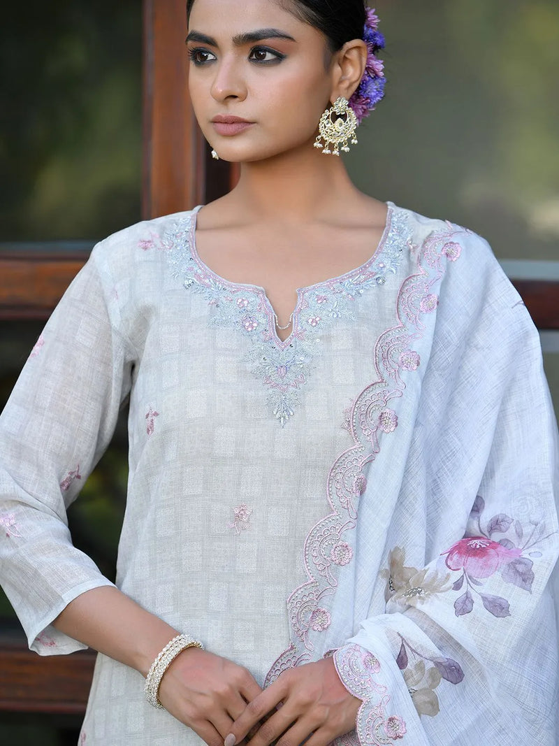 Women Grey Linen Suit  Set With Cutwork Dupatta (Set of 5 Pc)