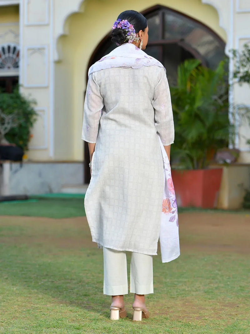 Women Grey Linen Suit  Set With Cutwork Dupatta (Set of 5 Pc)