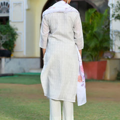 Women Grey Linen Suit  Set With Cutwork Dupatta (Set of 5 Pc)