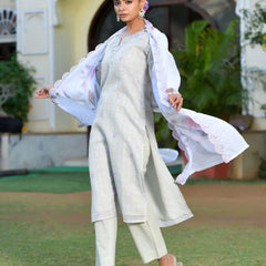 Women Grey Linen Suit  Set With Cutwork Dupatta (Set of 5 Pc)