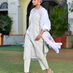 Women Grey Linen Suit  Set With Cutwork Dupatta (Set of 5 Pc)