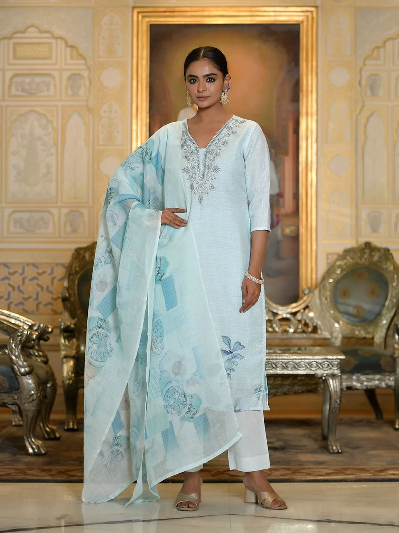 Women Linen Suit Set With Printed Dupatta (Set of 5 Pc)