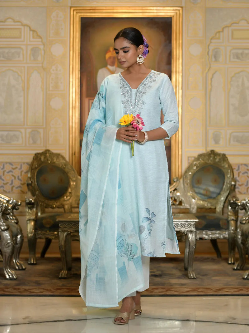 Women Linen Suit Set With Printed Dupatta (Set of 5 Pc)