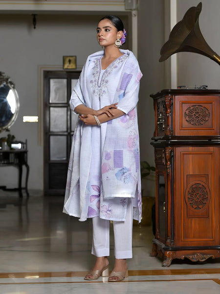 Women Linen Suit Set With Printed Dupatta (Set of 5 Pc)