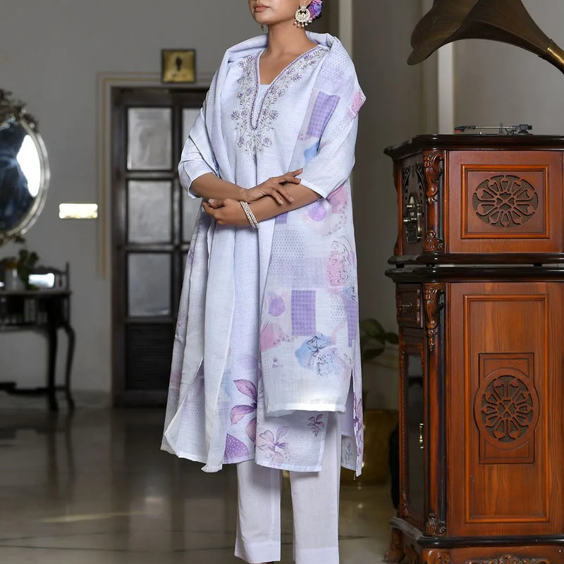 Women Linen Suit Set With Printed Dupatta (Set of 5 Pc)