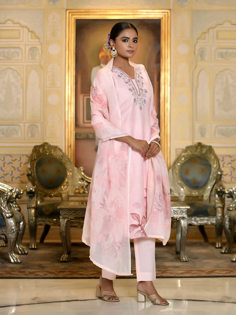 Women Linen Suit Set With Printed Dupatta (Set of 5 Pc)