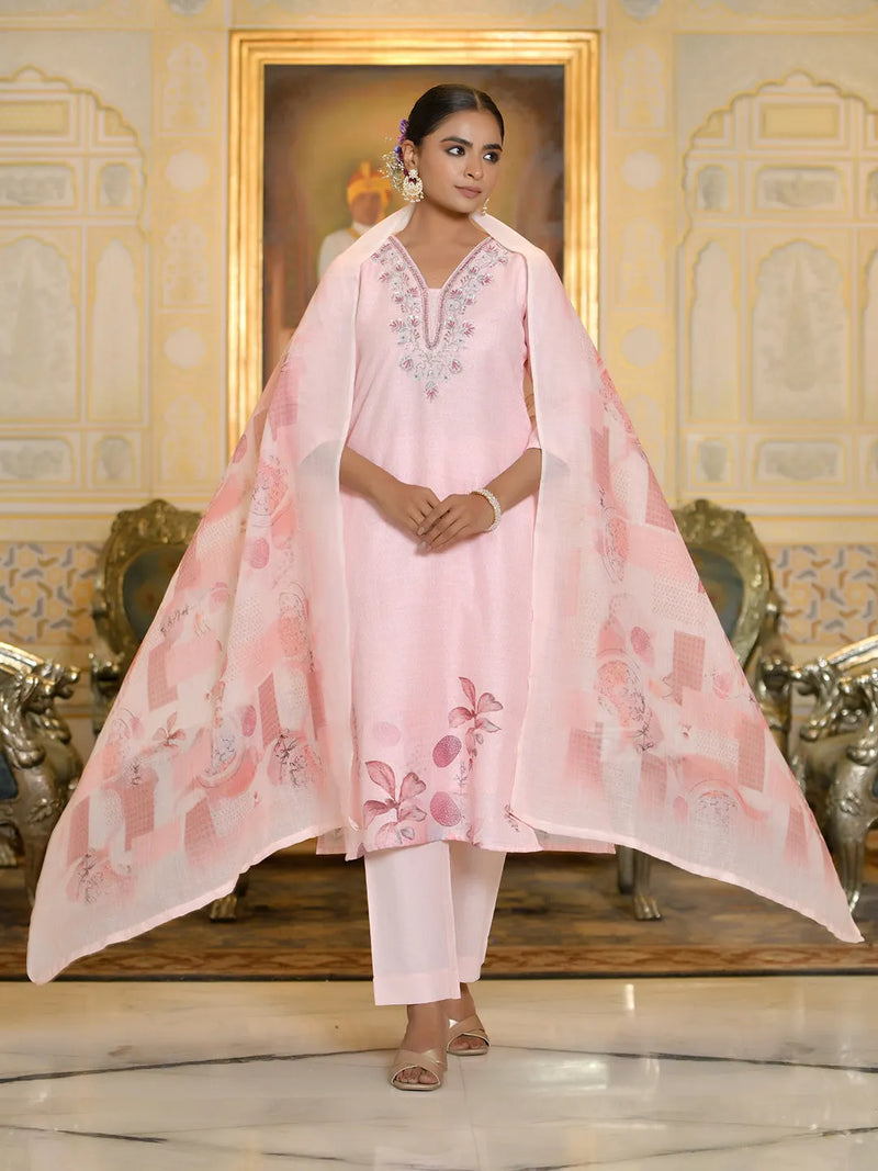 Women Linen Suit Set With Printed Dupatta (Set of 5 Pc)