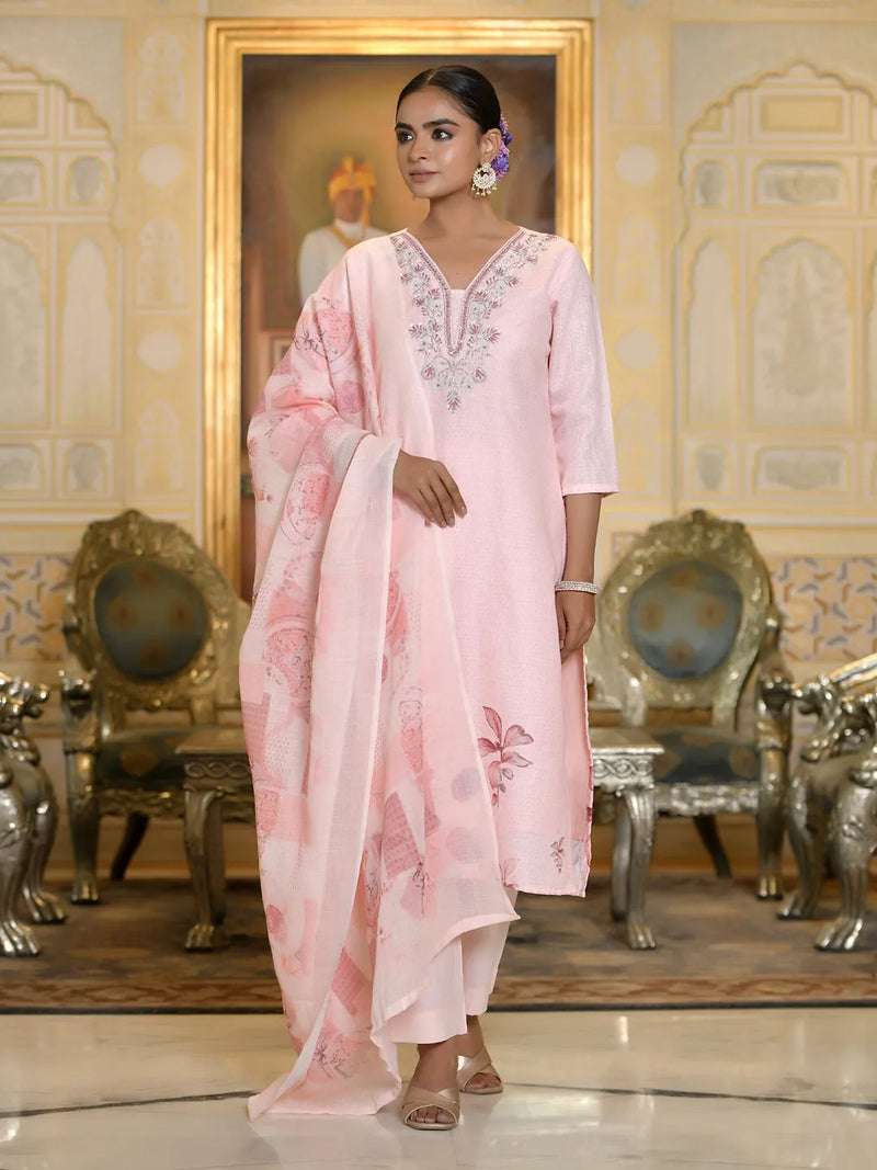 Women Linen Suit Set With Printed Dupatta (Set of 5 Pc)