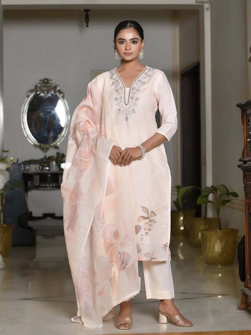 Women Linen Suit Set With Printed Dupatta (Set of 5 Pc)