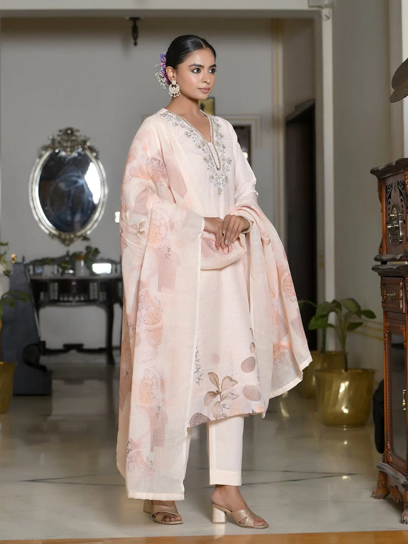 Women Linen Suit Set With Printed Dupatta (Set of 5 Pc)