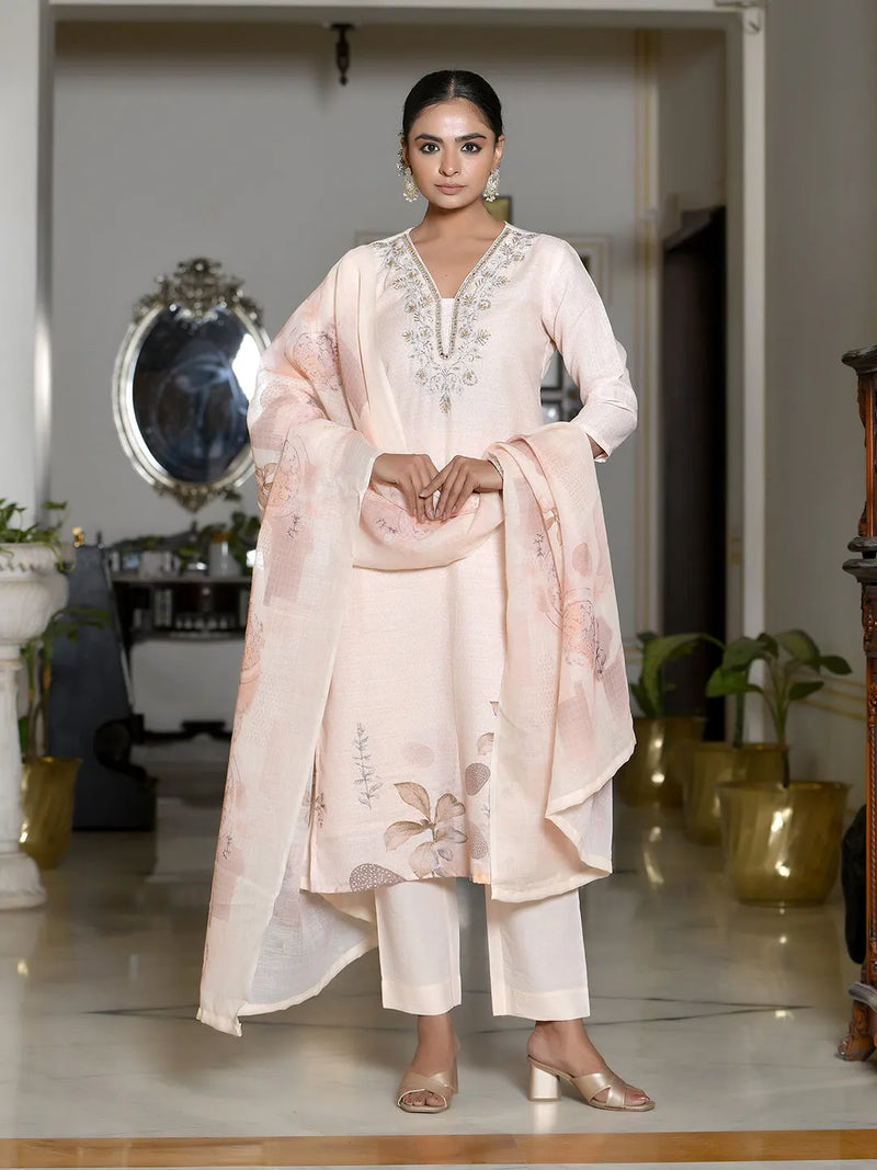 Women Linen Suit Set With Printed Dupatta (Set of 5 Pc)