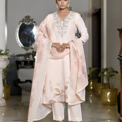 Women Linen Suit Set With Printed Dupatta (Set of 5 Pc)