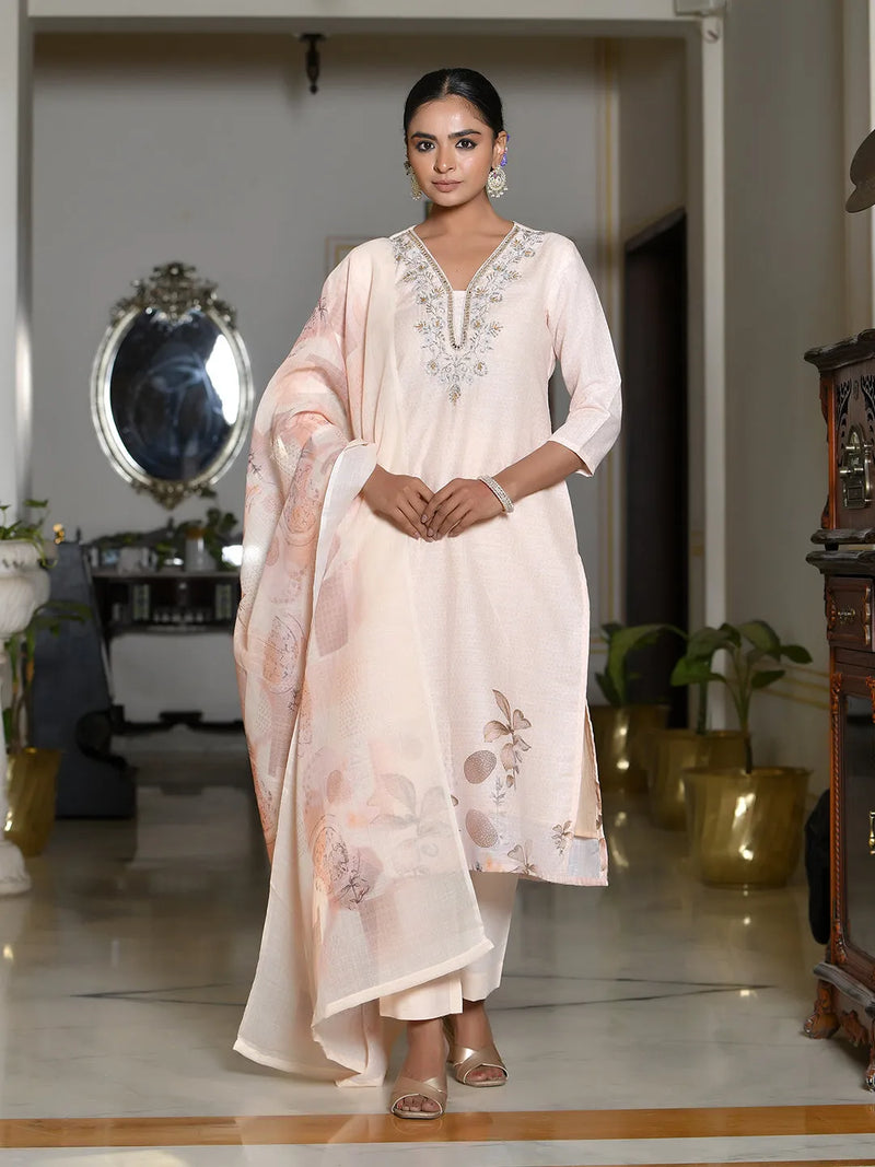 Women Linen Suit Set With Printed Dupatta (Set of 5 Pc)