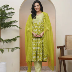 Women Green Cotton Kurta With Cotton Pant & Dupatta (Set of 5 Pc)
