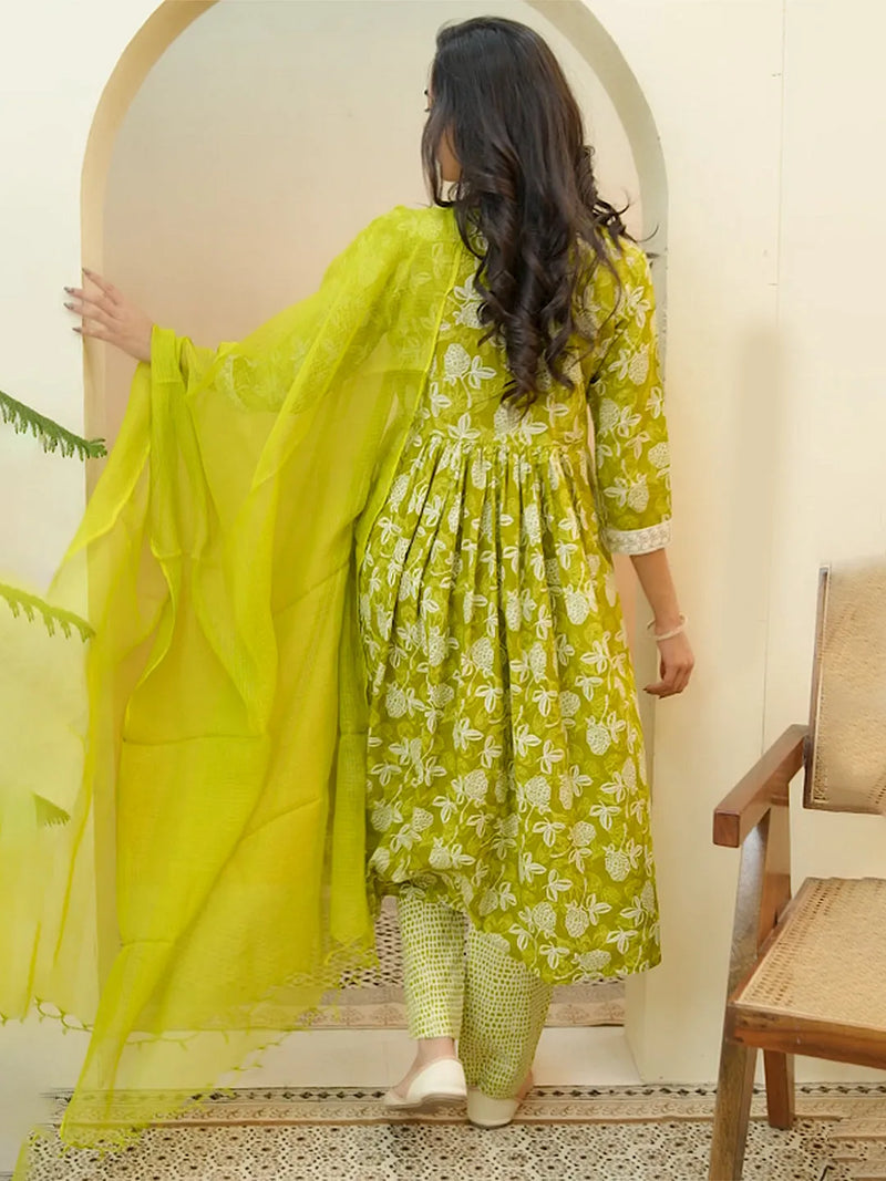 Women Green Cotton Kurta With Cotton Pant & Dupatta (Set of 5 Pc)
