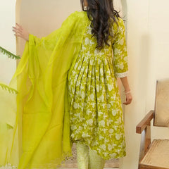 Women Green Cotton Kurta With Cotton Pant & Dupatta (Set of 5 Pc)