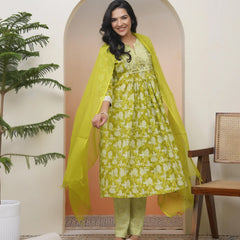 Women Green Cotton Kurta With Cotton Pant & Dupatta (Set of 5 Pc)