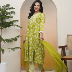 Women Green Cotton Kurta With Cotton Pant & Dupatta (Set of 5 Pc)