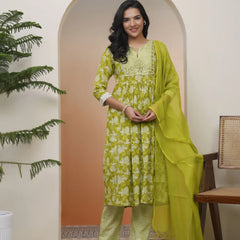 Women Green Cotton Kurta With Cotton Pant & Dupatta (Set of 5 Pc)