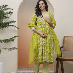 Women Green Cotton Kurta With Cotton Pant & Dupatta (Set of 5 Pc)