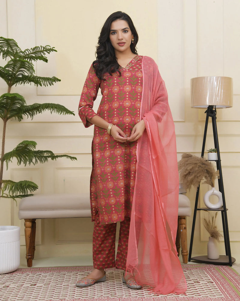 Women Maroon Cotton Kurta With Cotton Pant & Dupatta (Set of 5 Pc)