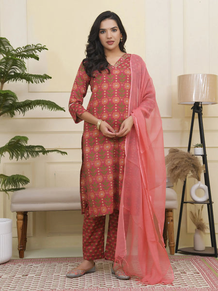 Women Maroon Cotton Kurta With Cotton Pant & Dupatta (Set of 5 Pc)