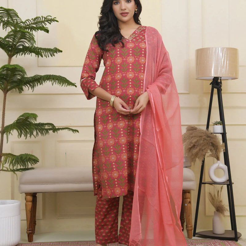 Women Maroon Cotton Kurta With Cotton Pant & Dupatta (Set of 5 Pc)