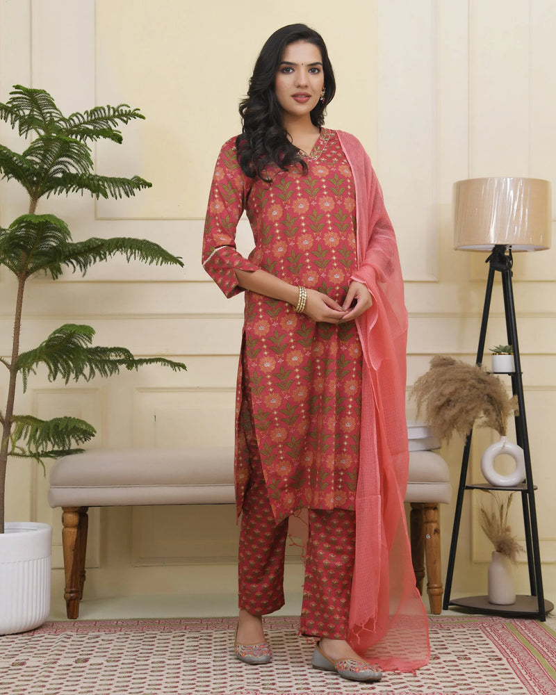 Women Maroon Cotton Kurta With Cotton Pant & Dupatta (Set of 5 Pc)