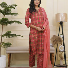 Women Maroon Cotton Kurta With Cotton Pant & Dupatta (Set of 5 Pc)