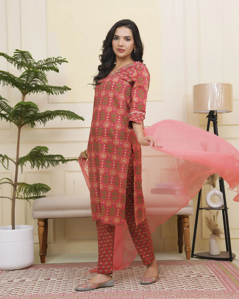 Women Maroon Cotton Kurta With Cotton Pant & Dupatta (Set of 5 Pc)