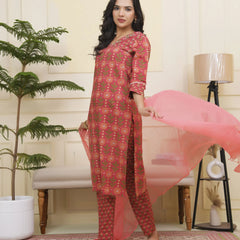 Women Maroon Cotton Kurta With Cotton Pant & Dupatta (Set of 5 Pc)