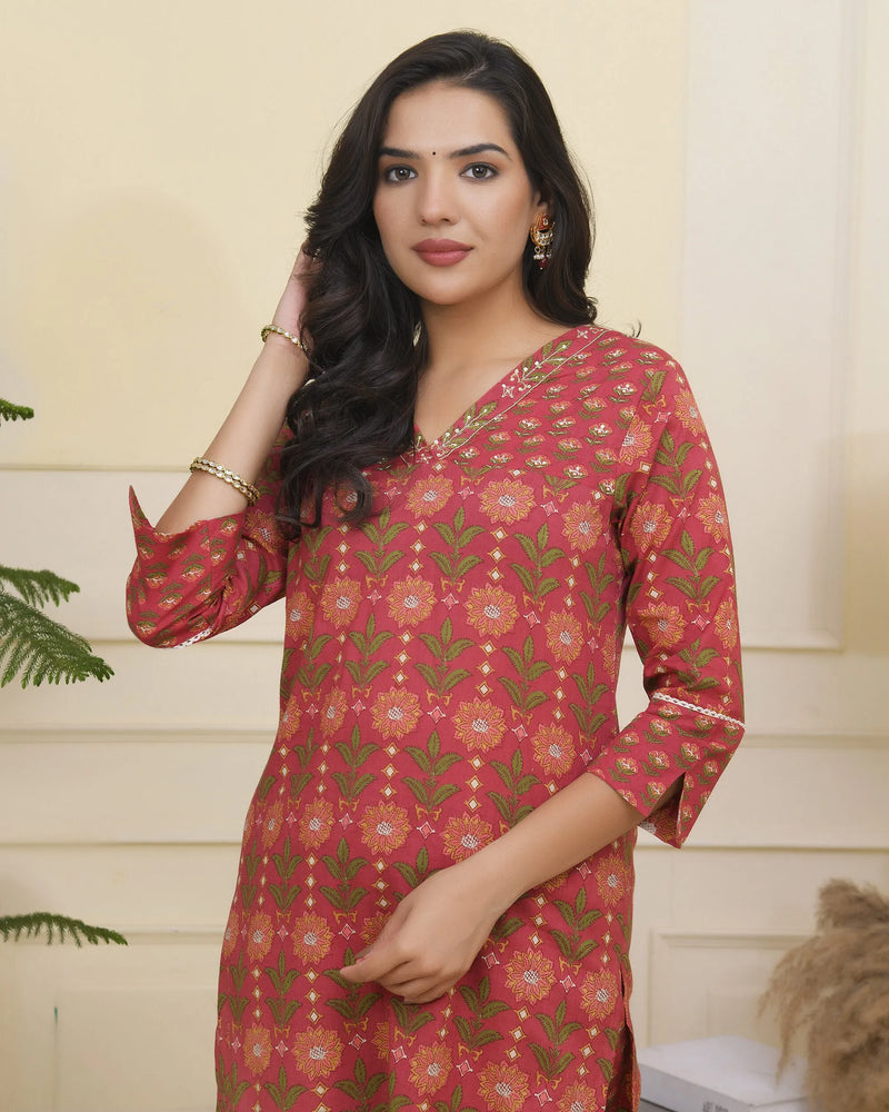 Women Maroon Cotton Kurta With Cotton Pant & Dupatta (Set of 5 Pc)