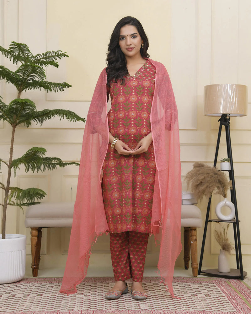 Women Maroon Cotton Kurta With Cotton Pant & Dupatta (Set of 5 Pc)