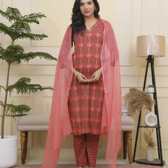 Women Maroon Cotton Kurta With Cotton Pant & Dupatta (Set of 5 Pc)