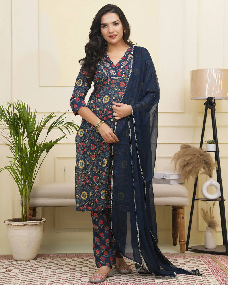 Women Navy Cotton Kurta With Cotton Pant & Dupatta (Set of 5 Pc)