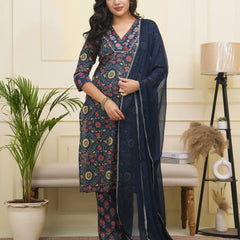 Women Navy Cotton Kurta With Cotton Pant & Dupatta (Set of 5 Pc)