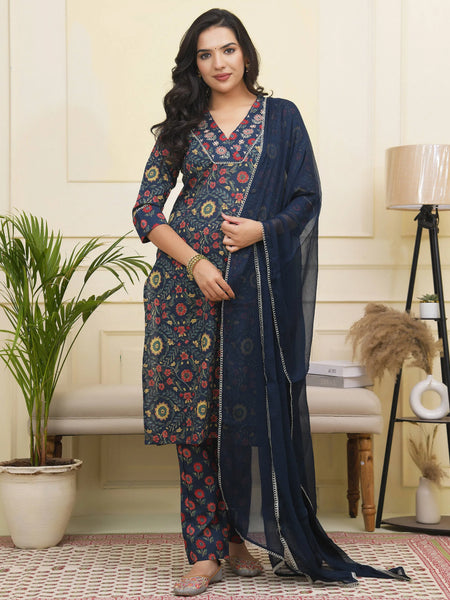 Women Navy Cotton Kurta With Cotton Pant & Dupatta (Set of 5 Pc)