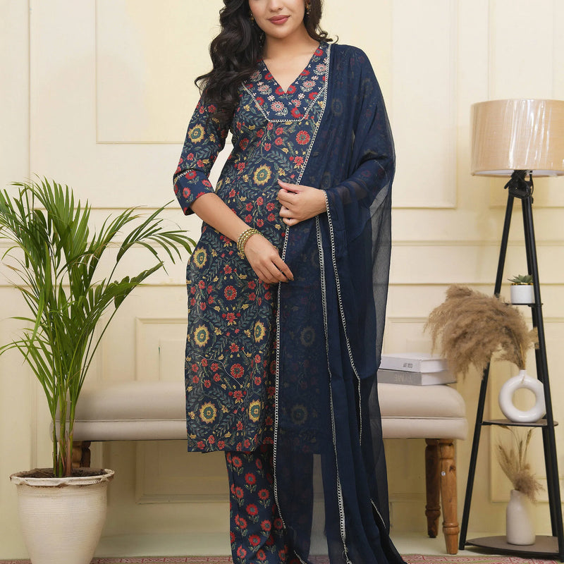 Women Navy Cotton Kurta With Cotton Pant & Dupatta (Set of 5 Pc)