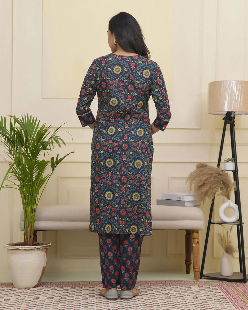 Women Navy Cotton Kurta With Cotton Pant & Dupatta (Set of 5 Pc)