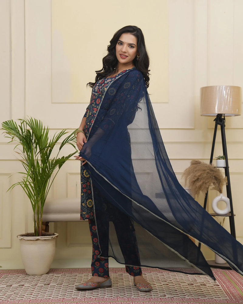 Women Navy Cotton Kurta With Cotton Pant & Dupatta (Set of 5 Pc)