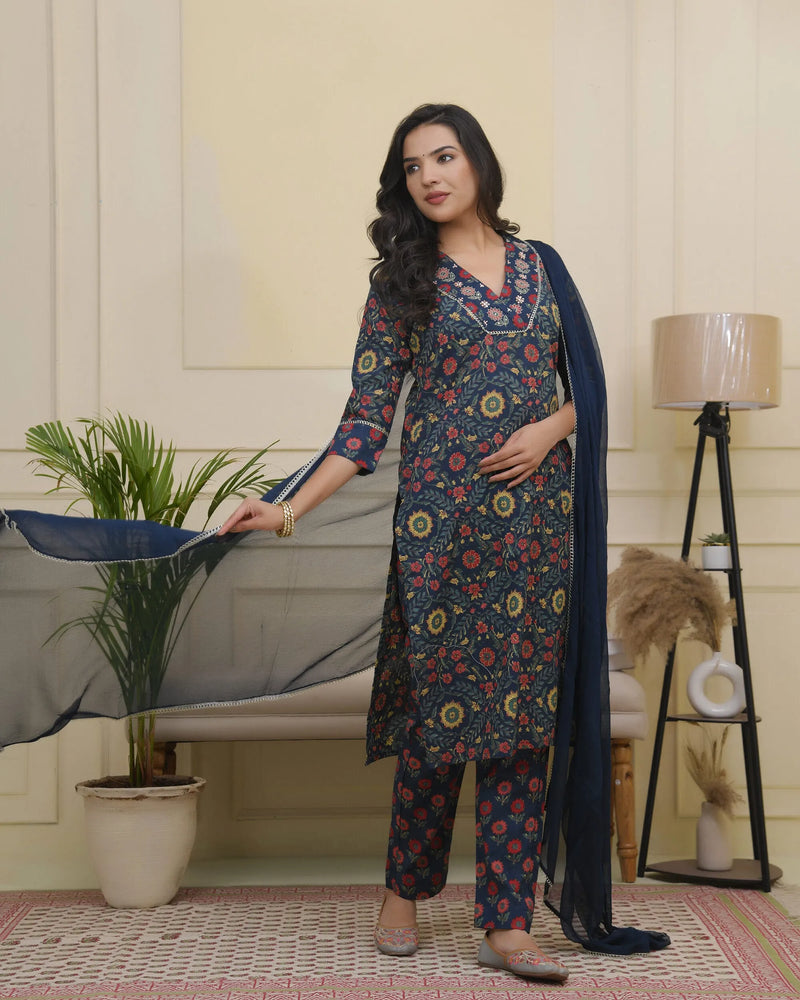 Women Navy Cotton Kurta With Cotton Pant & Dupatta (Set of 5 Pc)