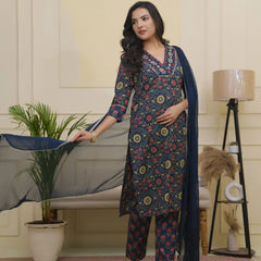 Women Navy Cotton Kurta With Cotton Pant & Dupatta (Set of 5 Pc)