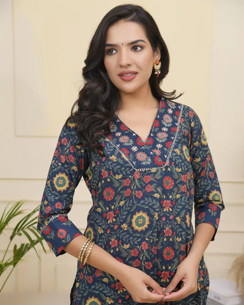 Women Navy Cotton Kurta With Cotton Pant & Dupatta (Set of 5 Pc)
